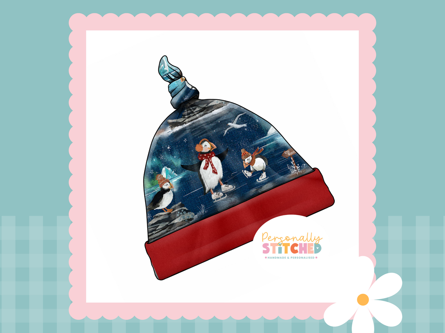 Ice Skating Puffins Handmade Tie Knot Baby Hat