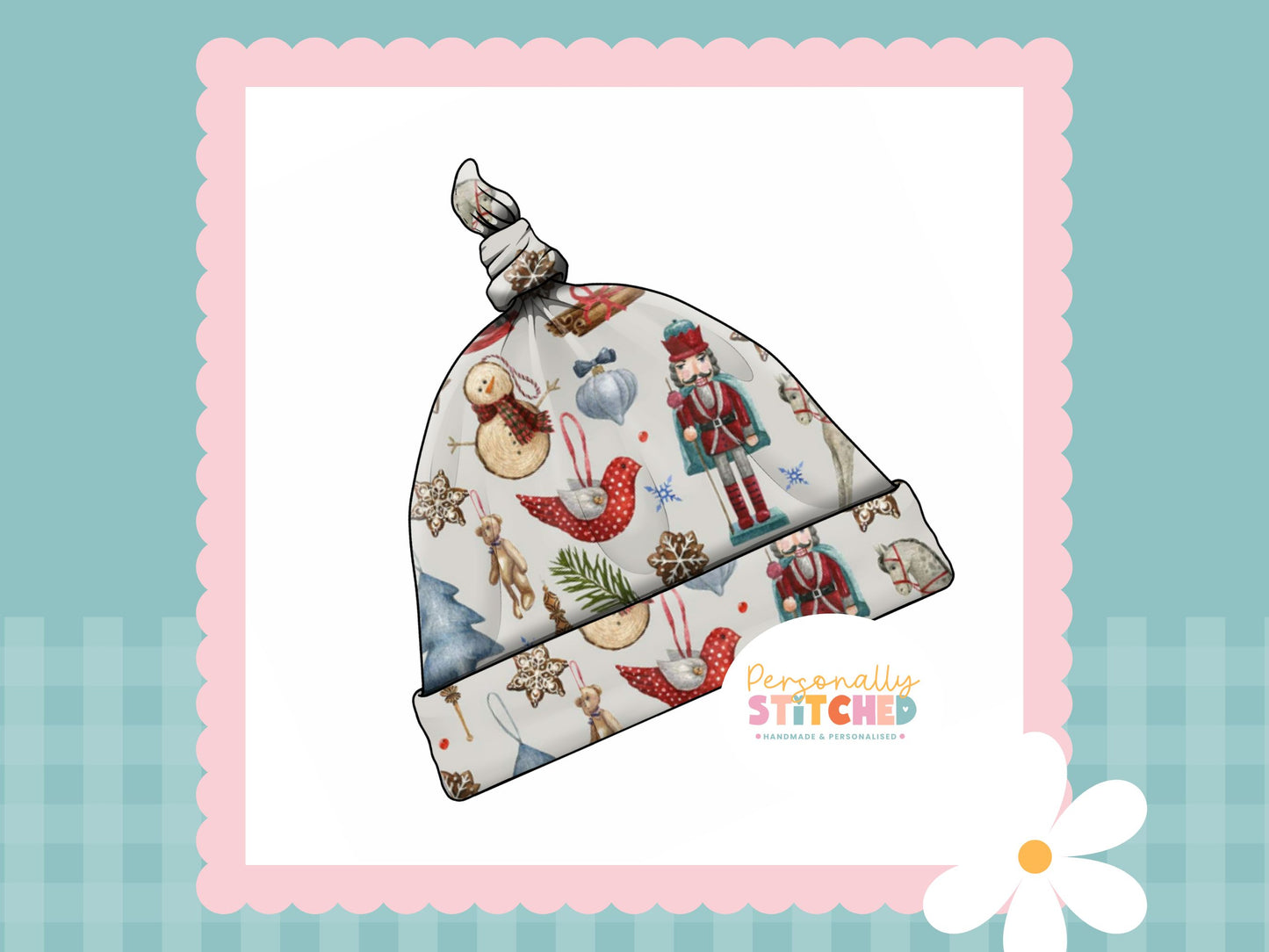 Winter Treasures Print Handmade Tie Knot Baby Hat