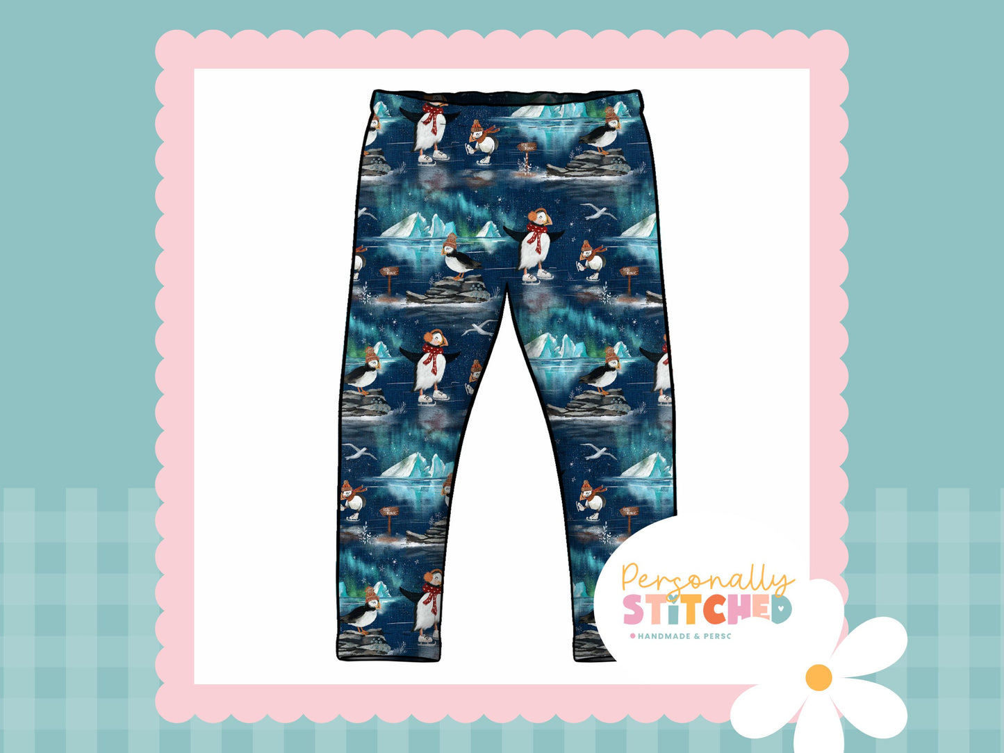 Ice Skating Puffins French Terry Classic Leggings (Handmade To Order)