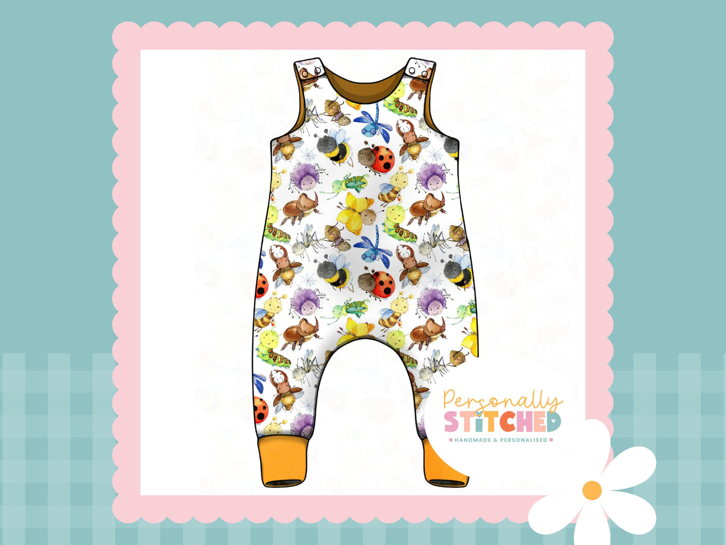 Happy Bugs Print French Terry Romper (Handmade To Order)