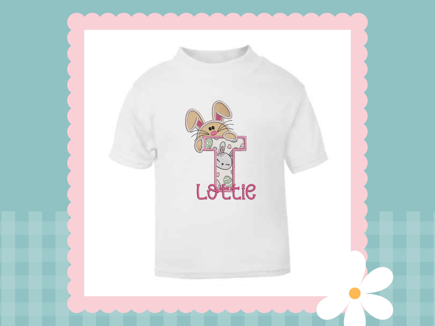 Peaking Bunny Embroidered Initial appliqué T-shirt (Miss Bunny Print)