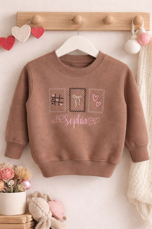 Valentine’s Day Embroidered Stamps Chocolate Sweatshirt (PRE ORDER)