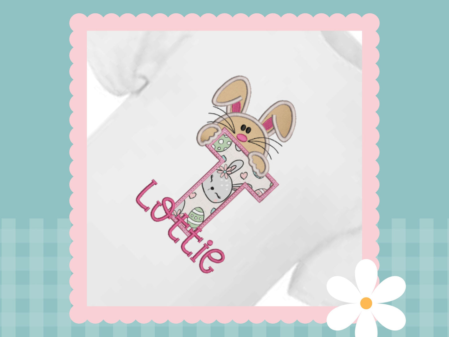 Peaking Bunny Embroidered Initial appliqué T-shirt (Miss Bunny Print)