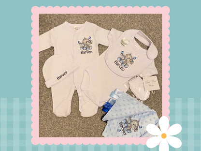 5 Piece Personalised Layette Set | Elle The Elephant Design | Embroidered