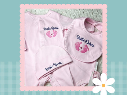 5 Piece Personalised Layette Set | Baby Feet Design | Embroidered