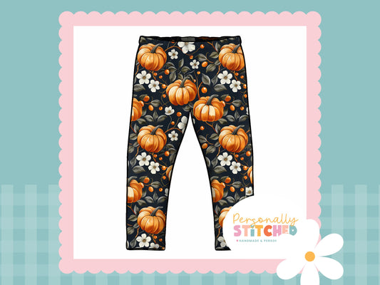 Pumpkin Flowers Print French Terry Classic Leggings (Handmade To Order)