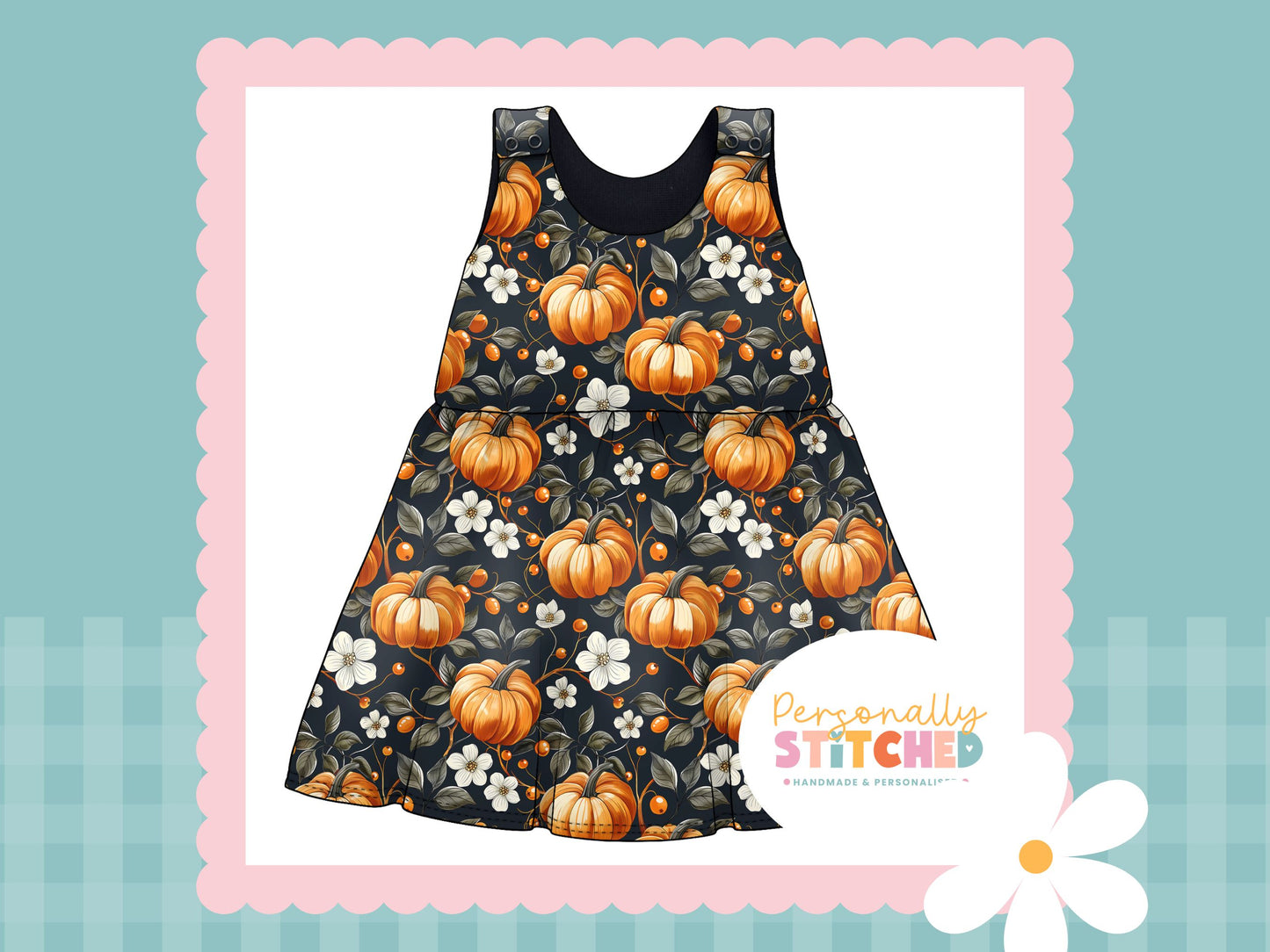 Pumpkin & Flowers Print French Terry Blossom Dress (Handmade To Order)