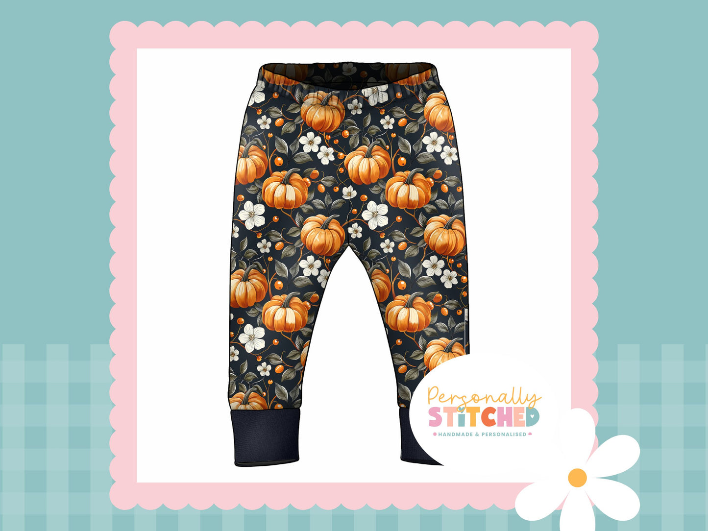 Pumpkin & Flowers Print French Terry Cuff Leggings