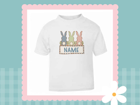 Cottage Bunnies Blue Personalised Printed T-shirt