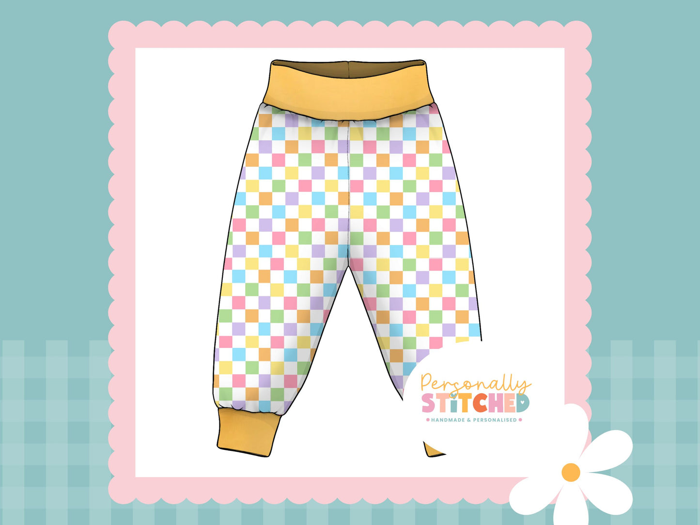 Pastel Check Print French Terry Relaxed Fit Yoga Waist & Cuff Joggers