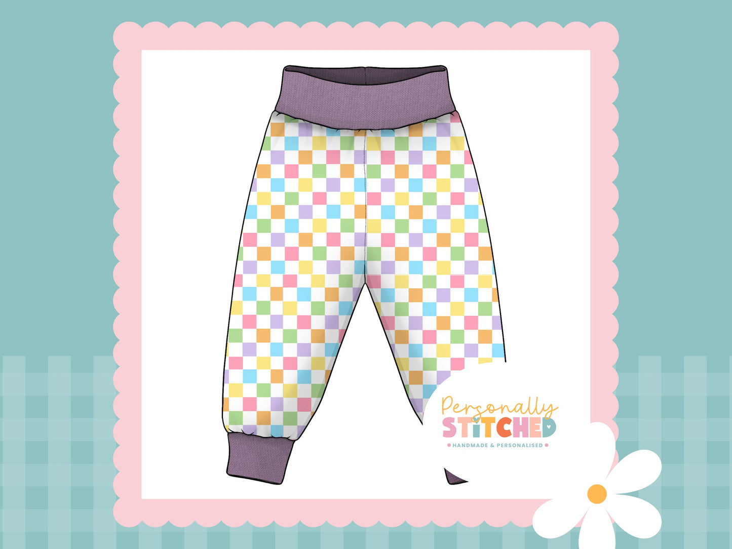 Pastel Check Print French Terry Relaxed Fit Yoga Waist & Cuff Joggers