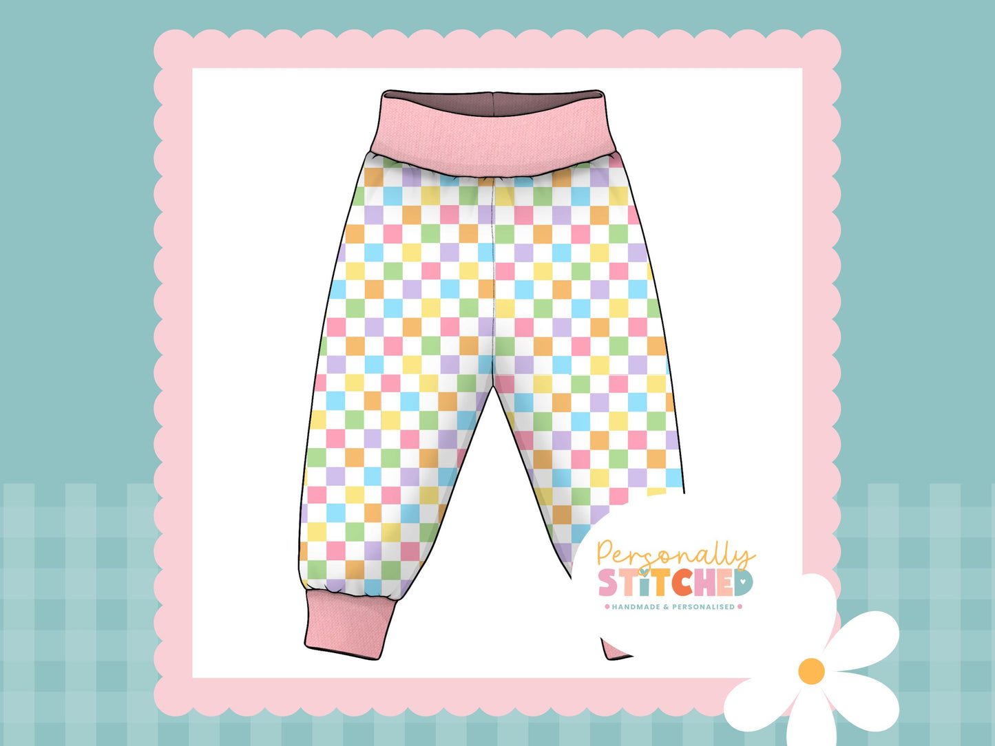 Pastel Check Print French Terry Relaxed Fit Yoga Waist & Cuff Joggers