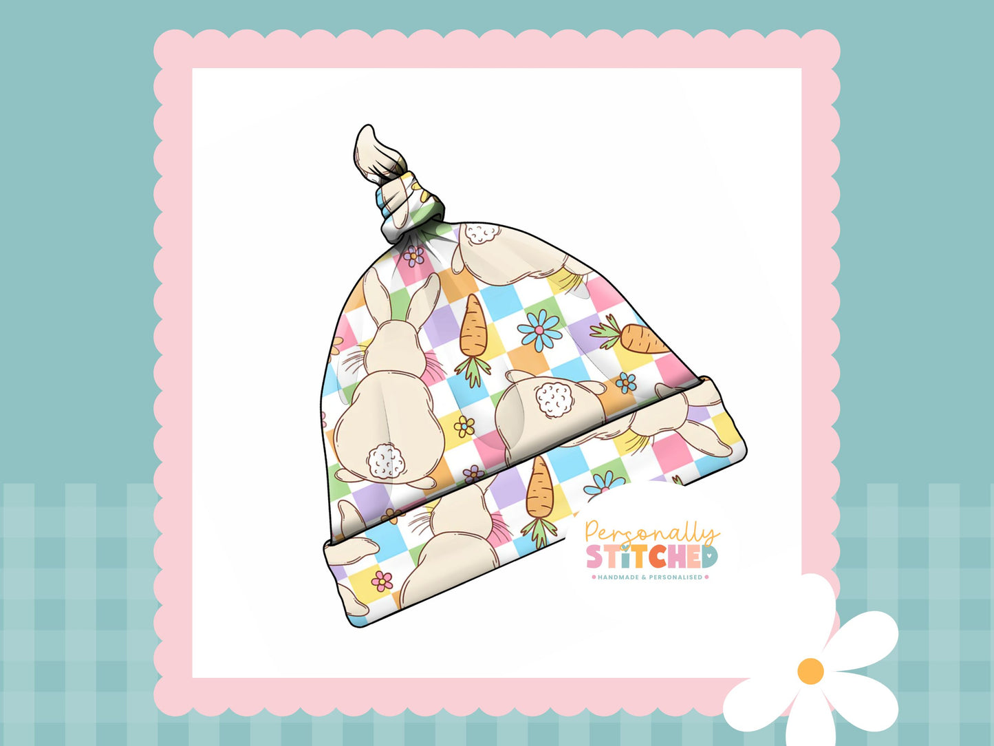 Pastel Check Bunny Print Handmade Tie Knot Baby Hat