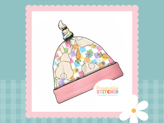 Pastel Check Bunny Print Handmade Tie Knot Baby Hat