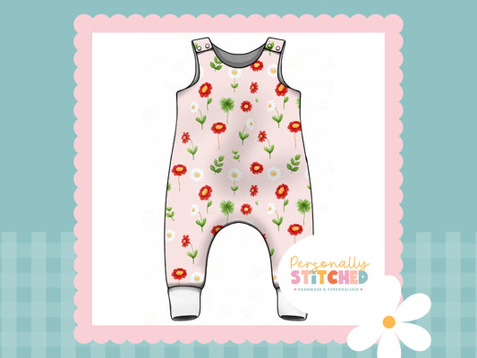 Ladybird Flowers Print French Terry Romper MASTER (Handmade To Order)