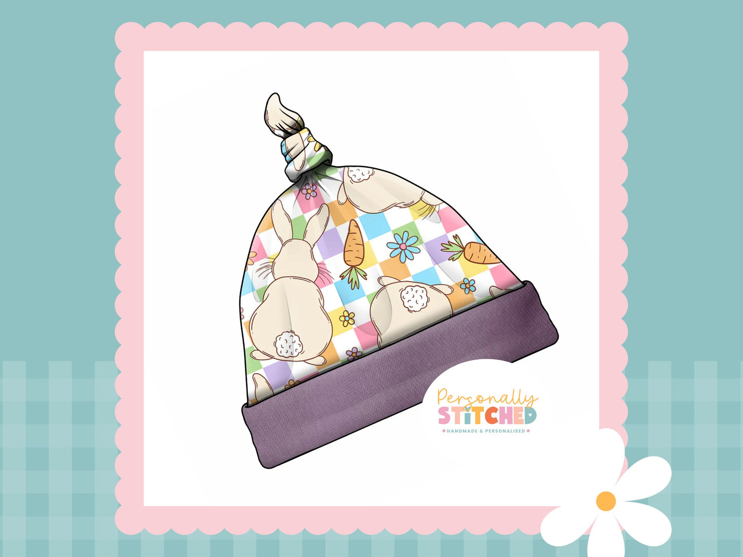 Pastel Check Bunny Print Handmade Tie Knot Baby Hat