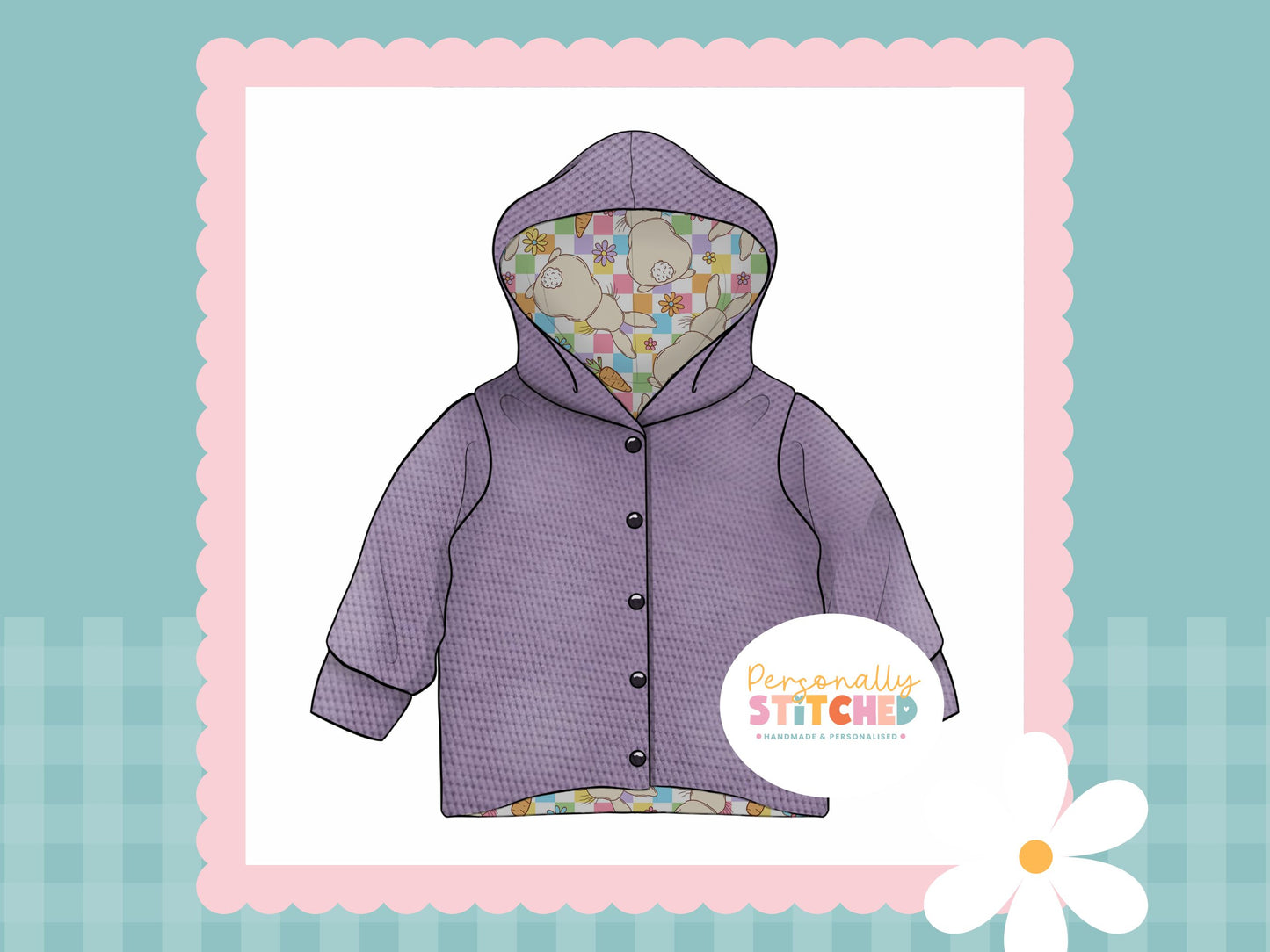 Pastel Check Bunny Print Waffle Knit Hooded Cardigan