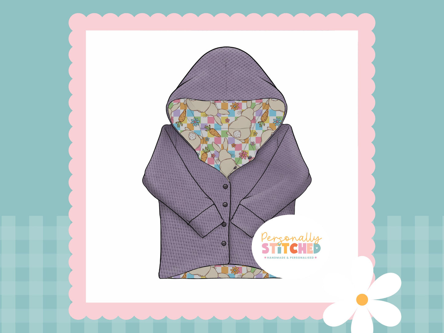 Pastel Check Bunny Print Waffle Knit Hooded Cardigan