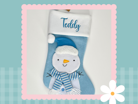 Deluxe Plush Blue Knitted 3D Snowman Stocking