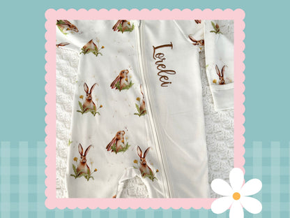 Personalised Hare and the dandelion romper | Embroidered