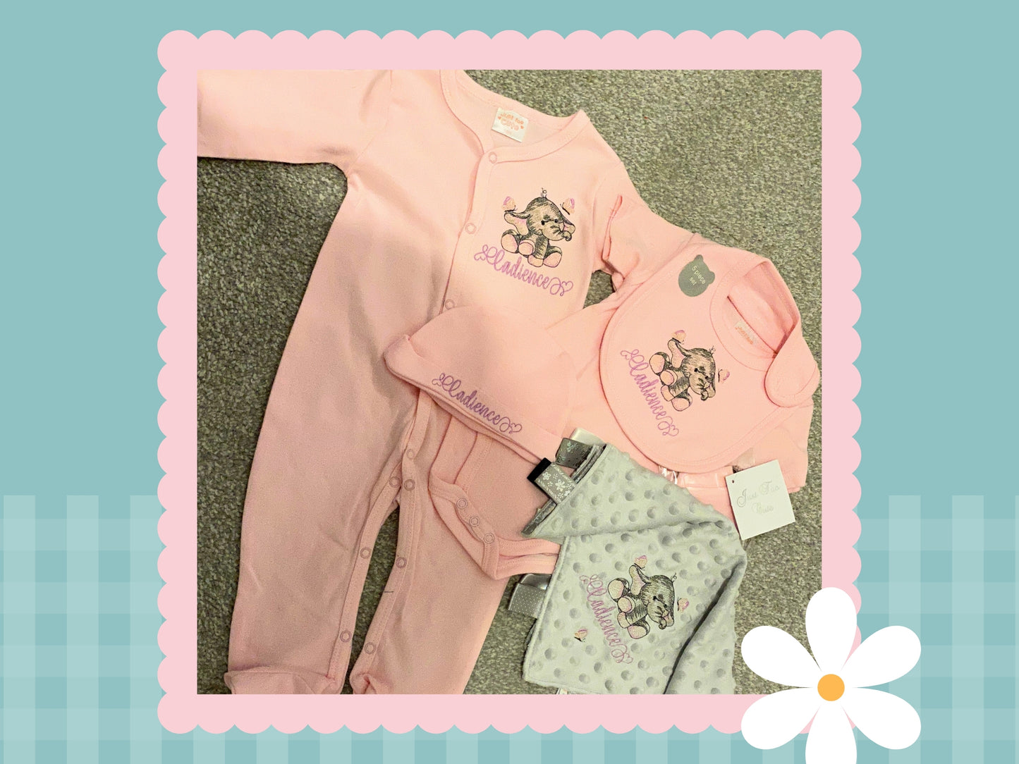 5 Piece Personalised Layette Set ✭ Elle The Elephant Design