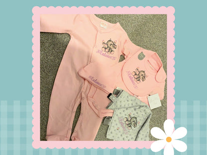 5 Piece Personalised Layette Set | Elle The Elephant Design | Embroidered