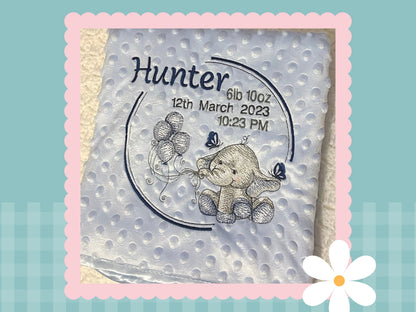 Birth Details Keepsake Blanket | Elle The Elephant | Embroidered