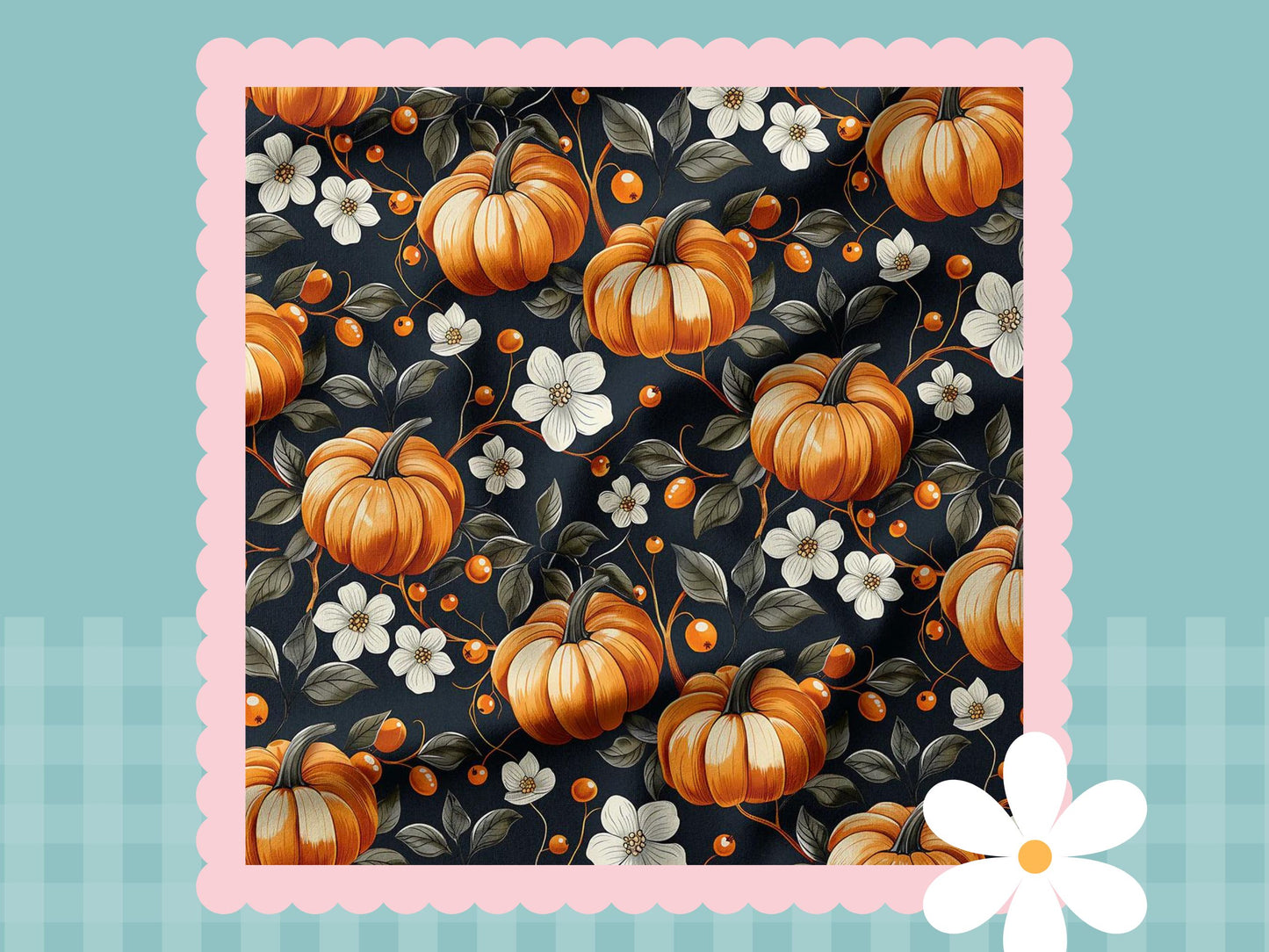 Pumpkin & Flowers Print French Terry Cuff Leggings