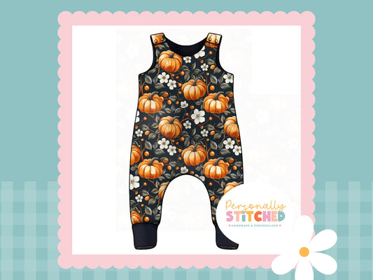 Pumpkin & Flowers Print French Terry Romper (Handmade To Order)