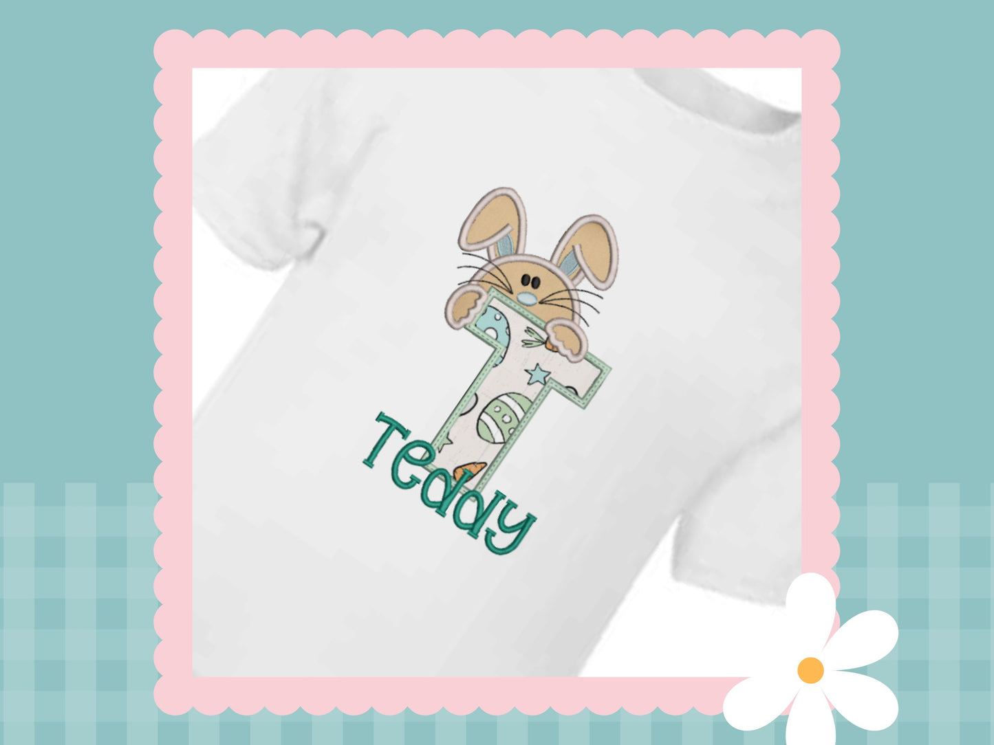 Peaking Bunny Embroidered Initial appliqué T-shirt (Mr Bunny Print)