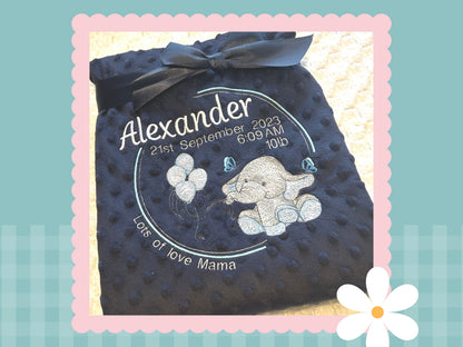 Birth Details Keepsake Blanket | Elle The Elephant | Embroidered