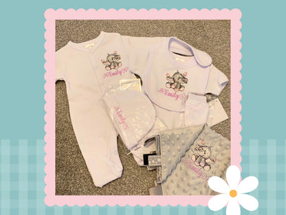 5 Piece Personalised Layette Set | Elle The Elephant Design | Embroidered