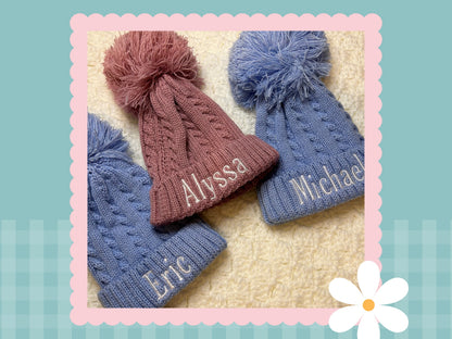 Personalised Cable Knit Hat with Pom Pom | Embroidered