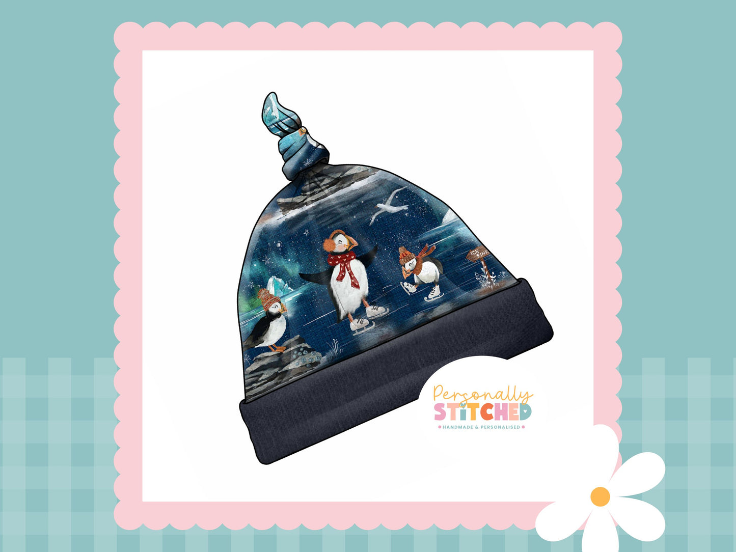 Ice Skating Puffins Handmade Tie Knot Baby Hat