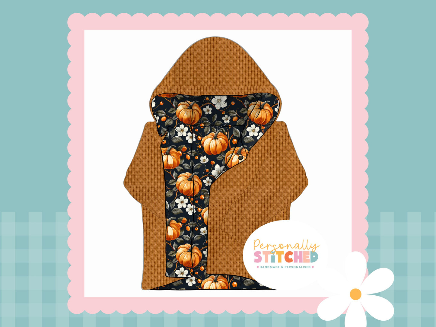 Pumpkin Flowers Print & Waffle Knit Hooded Cardigan (Handmade To Order)