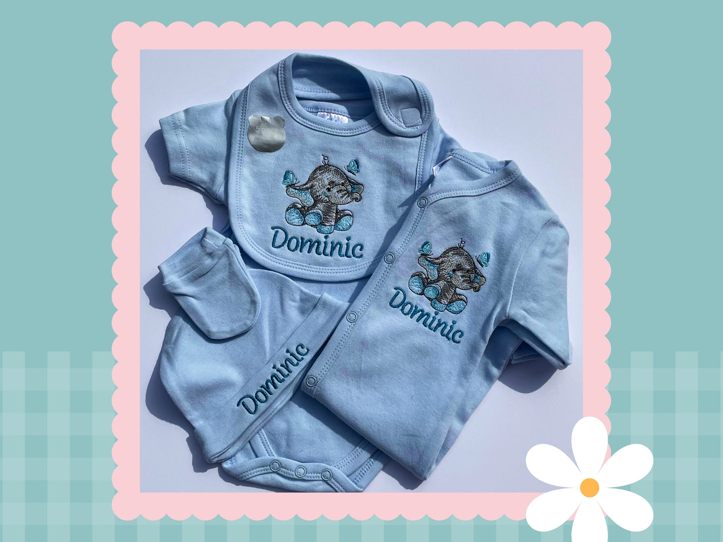 5 Piece Personalised Layette Set ✭ Elle The Elephant Design