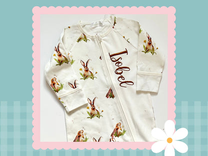 Personalised Hare and the dandelion romper | Embroidered