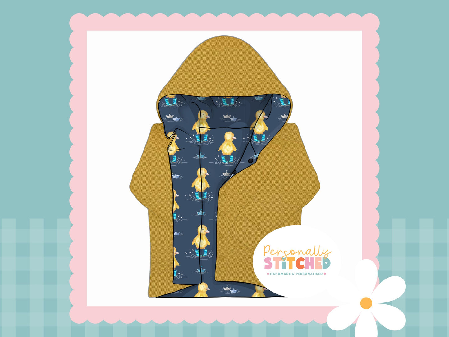 Buddy Duck Print & Yellow Waffle Knit Hooded Cardigan (Handmade To Order)