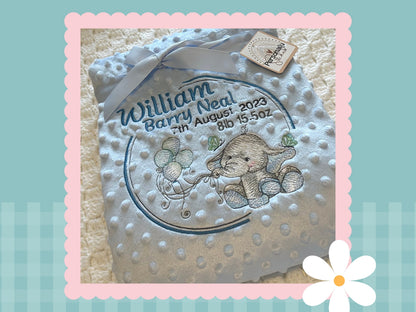 Birth Details Keepsake Blanket | Elle The Elephant | Embroidered