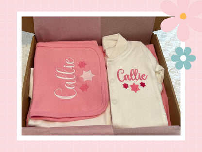 Personalised Pink & White Baby Gift Set | Embroidered