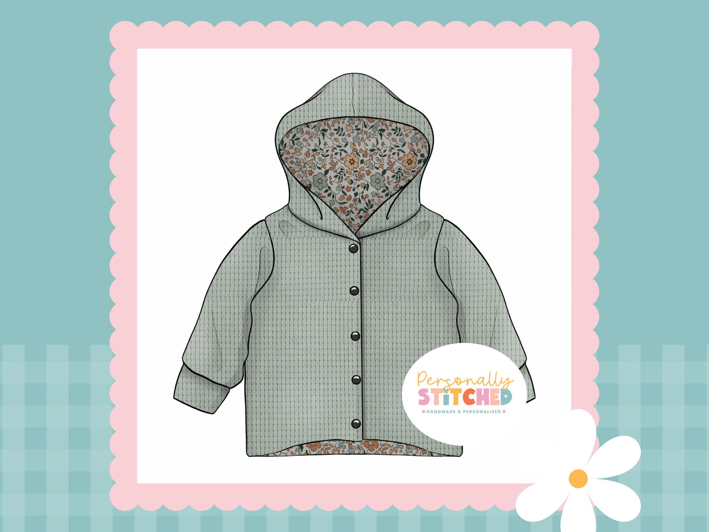 Autumn Florals Print & Sea Green Waffle Knit Hooded Cardigan (Handmade To Order)