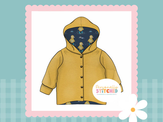 Buddy Duck Print & Yellow Waffle Knit Hooded Cardigan (Handmade To Order)