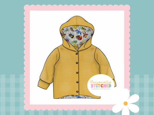 Happy Bugs Print & Yellow Waffle Knit Hooded Cardigan (Handmade To Order)