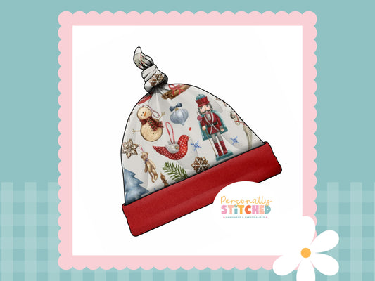 Winter Treasures Print Handmade Tie Knot Baby Hat