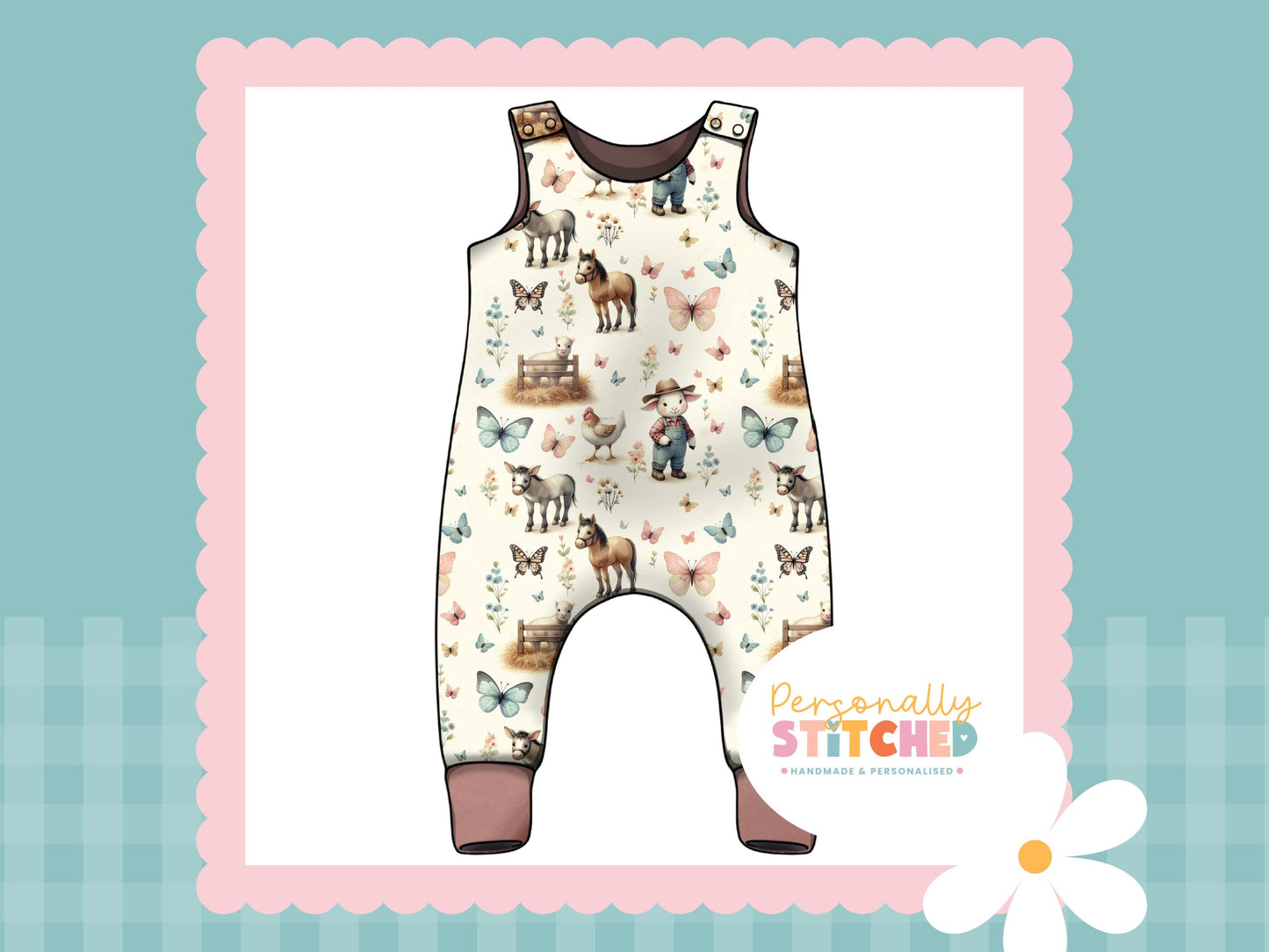 On The Farm Print Organic Jersey Romper (Handmade To Order)