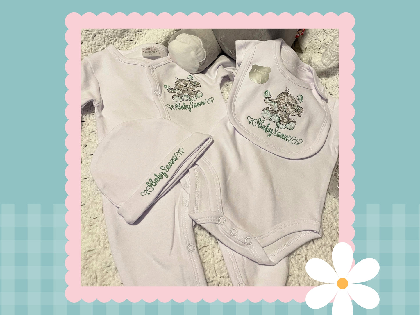 5 Piece Personalised Layette Set ✭ Elle The Elephant Design