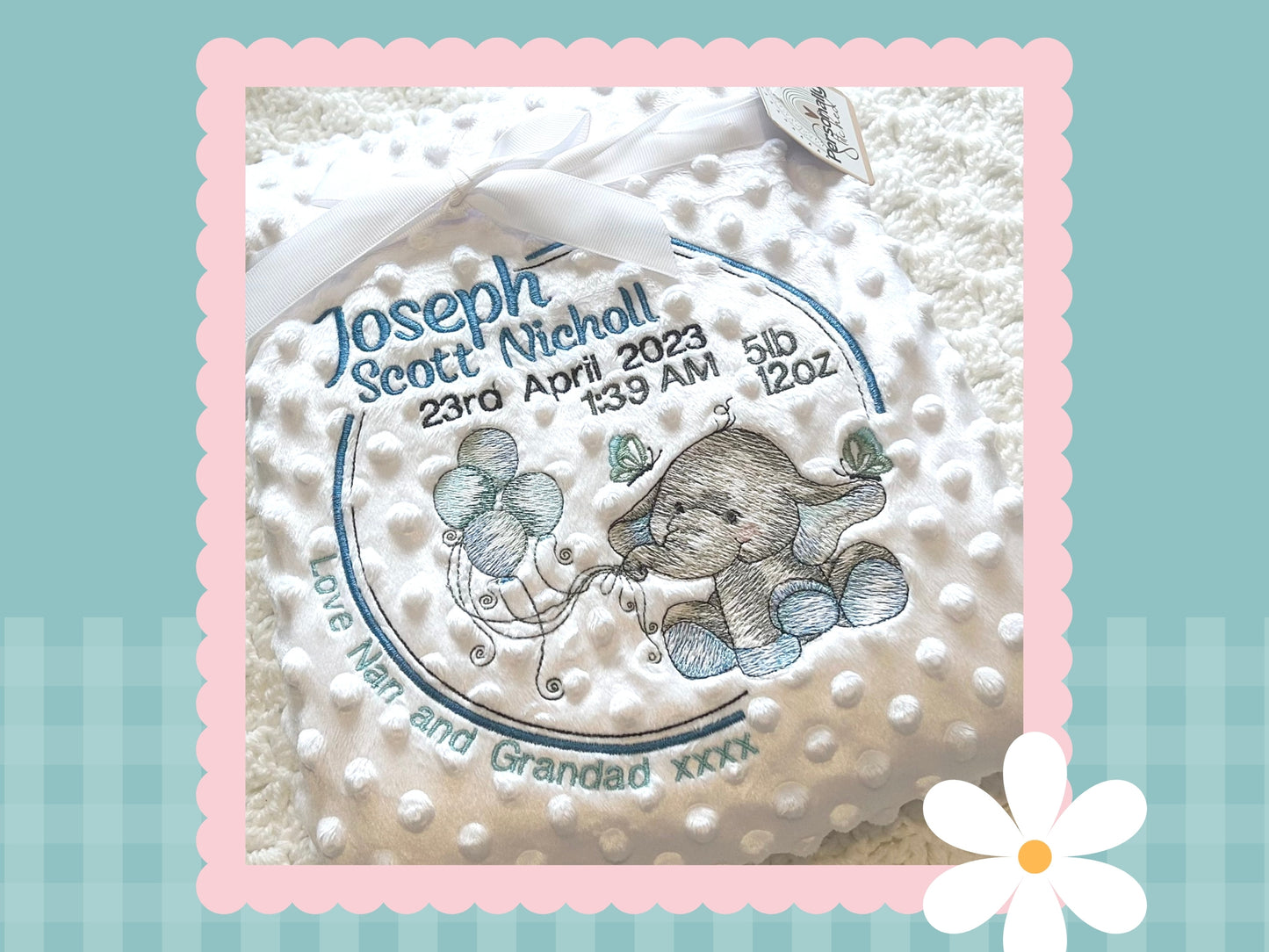 Birth Details Elle The Elephant  Keepsake Baby Blanket