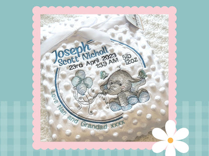 Birth Details Keepsake Blanket | Elle The Elephant | Embroidered