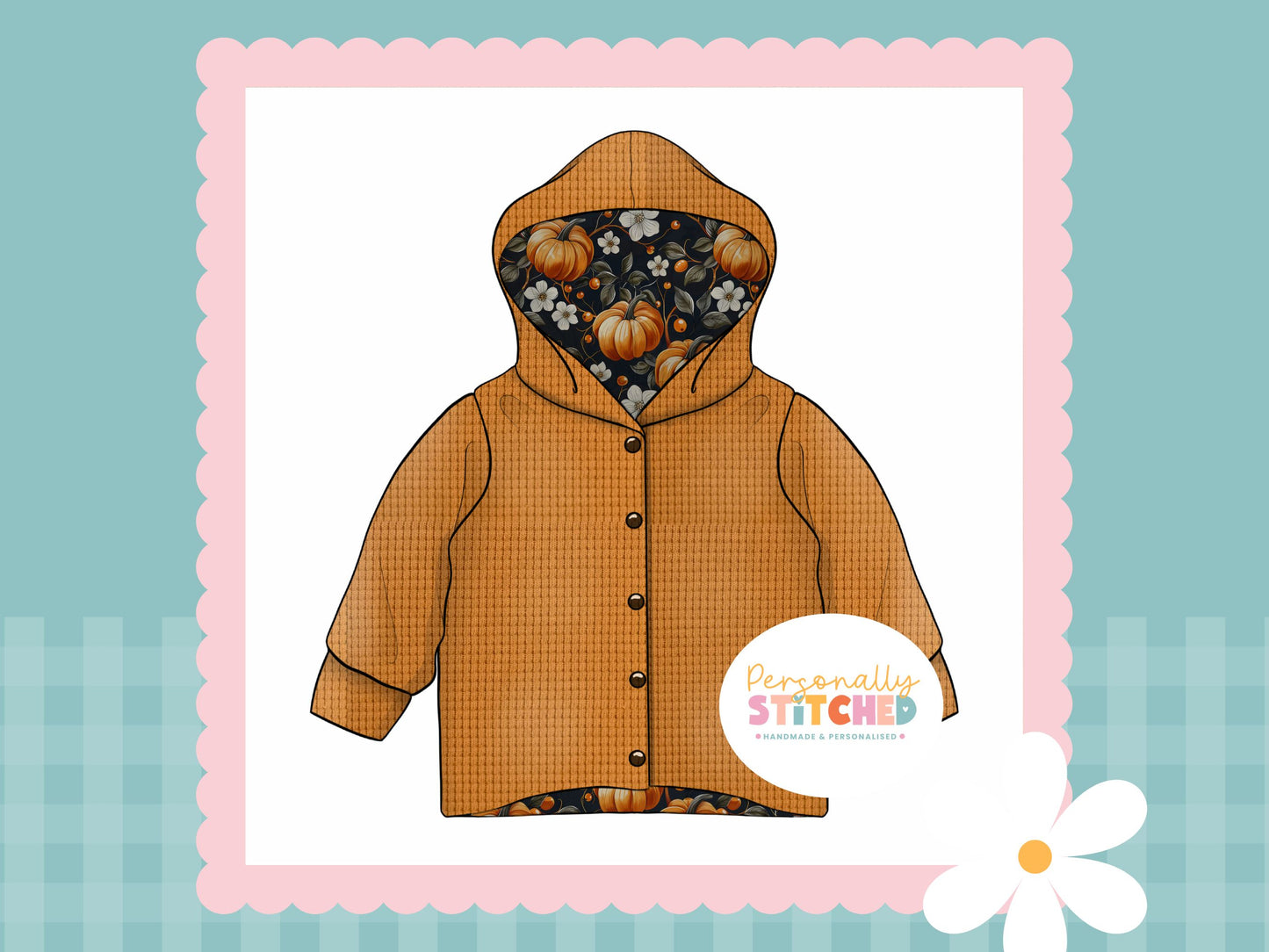 Pumpkin Flowers Print & Waffle Knit Hooded Cardigan (Handmade To Order)