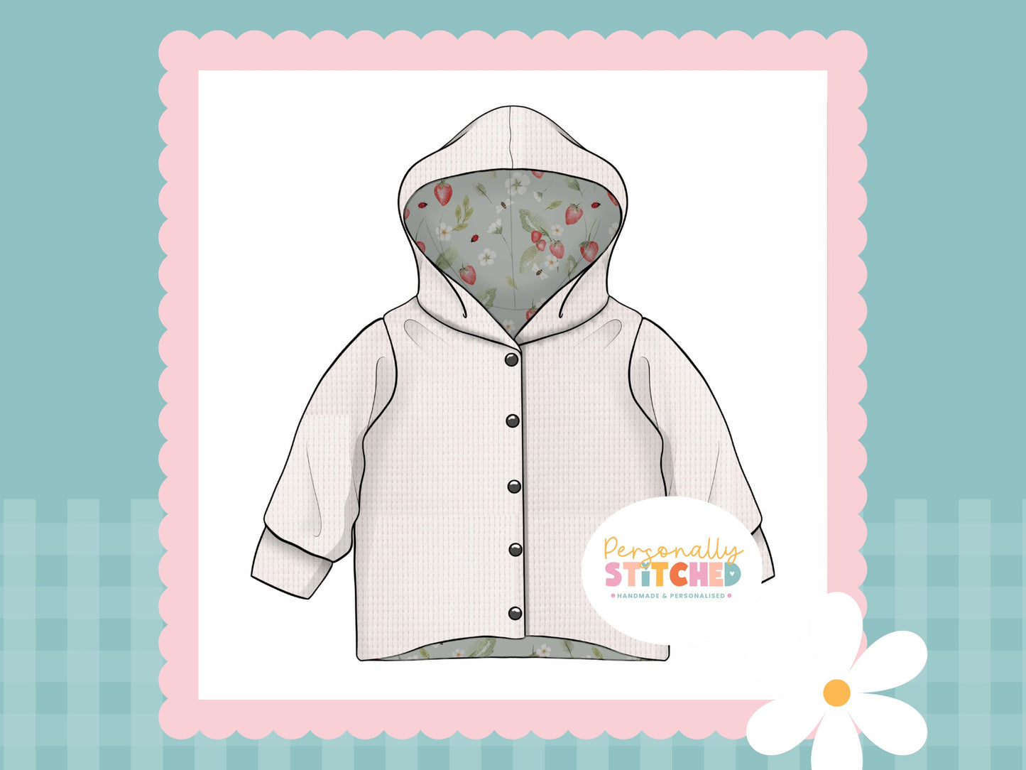 Strawberry Meadow Print & White Waffle Knit Hooded Cardigan (Handmade To Order)